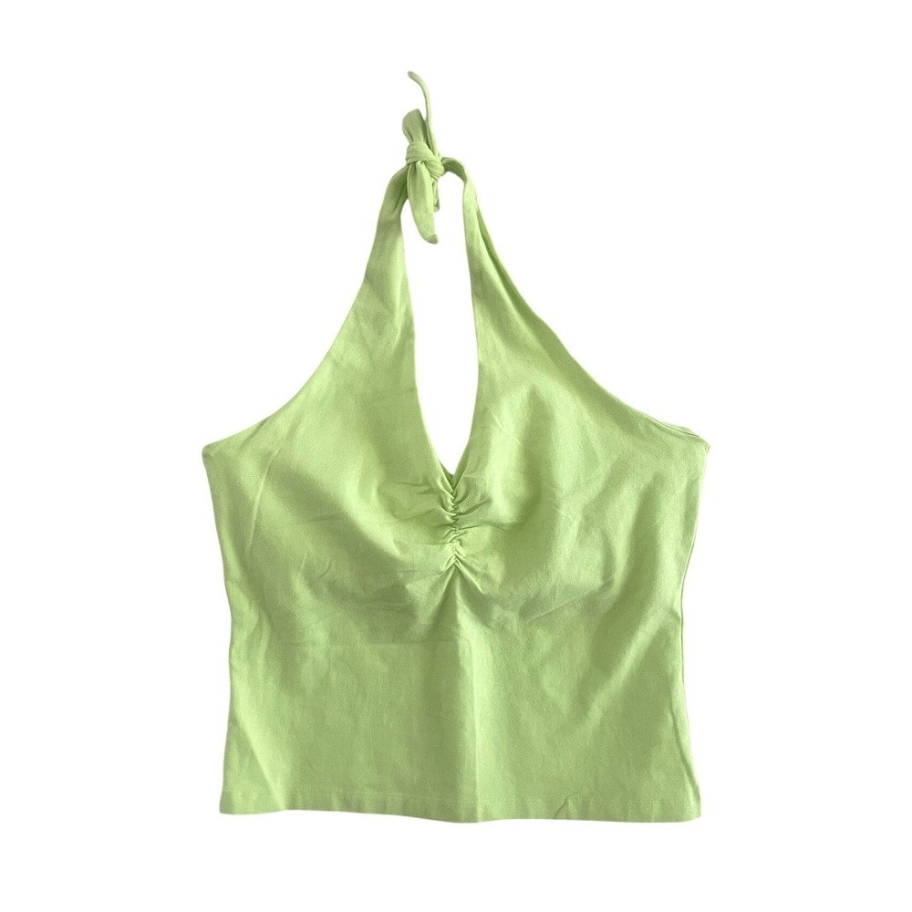Y2K Lime Green Halter Neck Top Ruched Bust Built-in Bra Size M by Bay Studio
